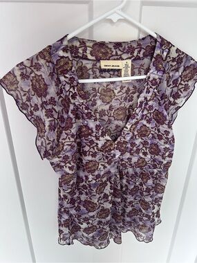 Dkny Jeans - Lavender and Gold Floral Surplice Flutter Sleeve Blouse